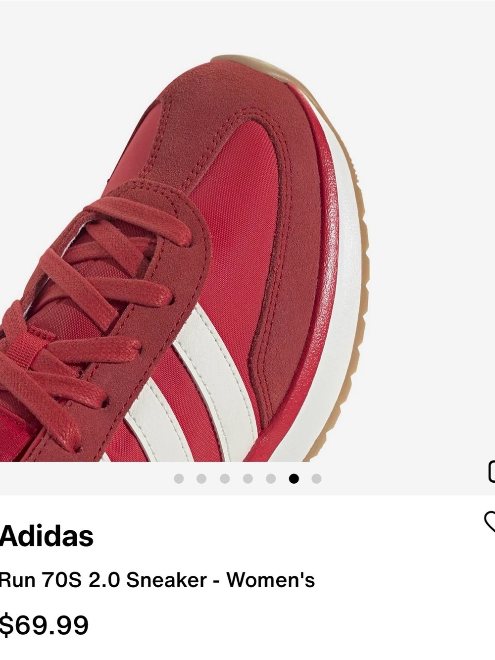 adidas Run 70S 2.0
Women's Retro Runner Sneaker in Red with White Stripes - Picture 3 of 6